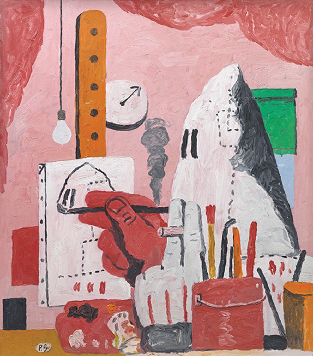The Studio (1969), one of Philip Guston’s best-known works featuring Ku Klux Klan motifs, will be shown in a separate space in the Boston show, suggesting the artist’s own studio © Estate of Philip Guston, courtesy Hauser & Wirth and Museum of Fine Arts, Boston