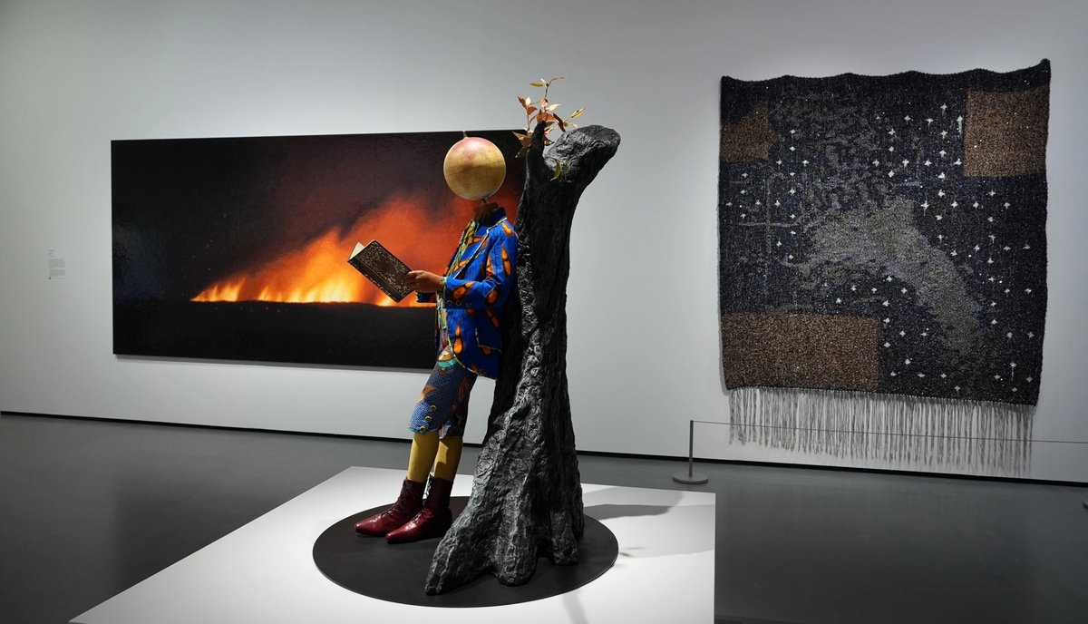 An installation view of Black Earth Rising with, from left to right, Teresita Fernández, Fire (America) 1 (2016)
Photo: Meg Rorison