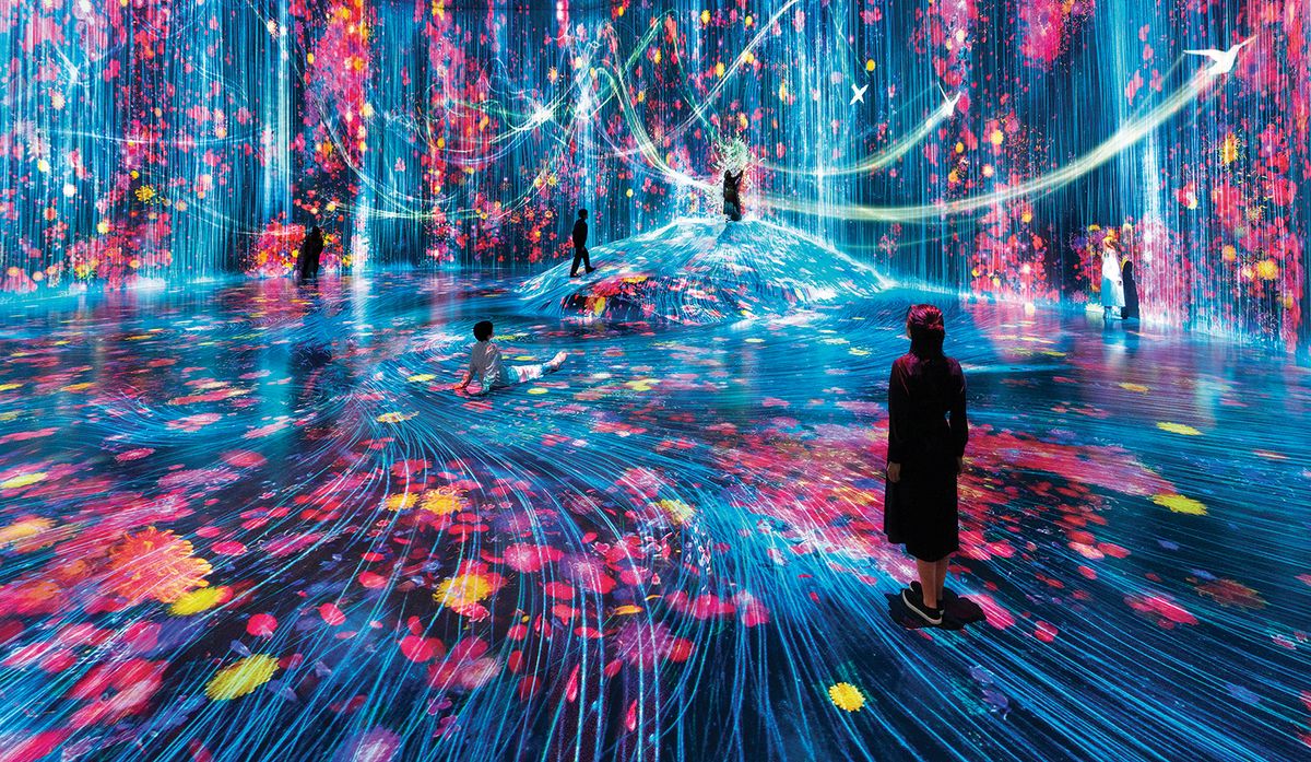 Waterfalls of light: Universe of Water Particles on a Rock where People Gather (2018/2024), teamLab Borderless, Azabudai Hills, Tokyo © teamLab, courtesy Pace


