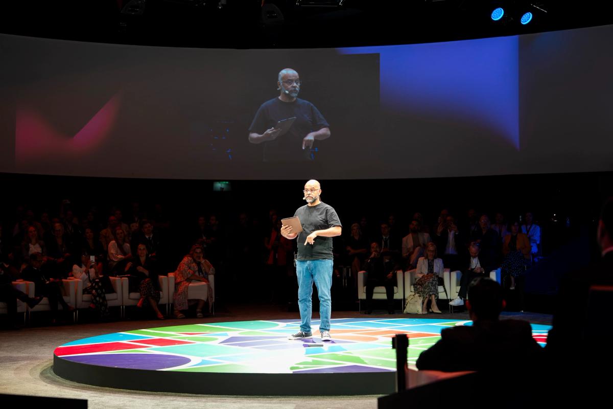 Mo Gawdat, the author and former chief business officer of Google X during his opening presentation Photo: courtesy of the Department of Culture and Tourism – Abu Dhabi