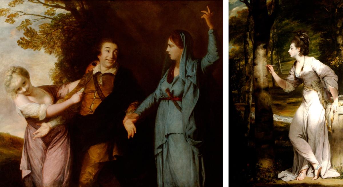 Left: Joshua Reynolds, David Garrick (1716 - 1779) between Tragedy and Comedy, 1760-1761. Right: Joshua Reynolds, Joanna Leigh, Mrs Richard Bennett Lloyd (b.1758) Inscribing a Tree, 1775-1776
Waddesdon (National Trust). Accepted in lieu of tax by H M Government and allocated to the National Trust, 2025. Photo: Waddesdon Image Library, Mike Fear
