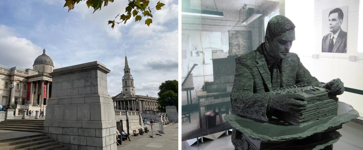 The Fourth Plinth is home to a rotating sculpture commission in London's Trafalgar Square; A statue of Alan Turing at Bletchley Park
Credits: Matt Brown; John Callas