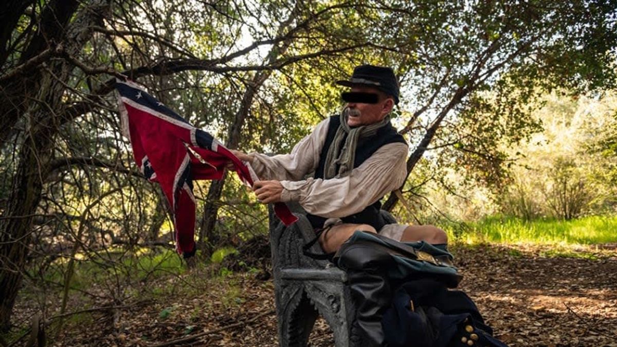 White Lies Matter had disseminated images showing what the memorial would look like converted into a toilet, with a man dressed as a Confederate soldier sitting on it Photo: White Lies Matter