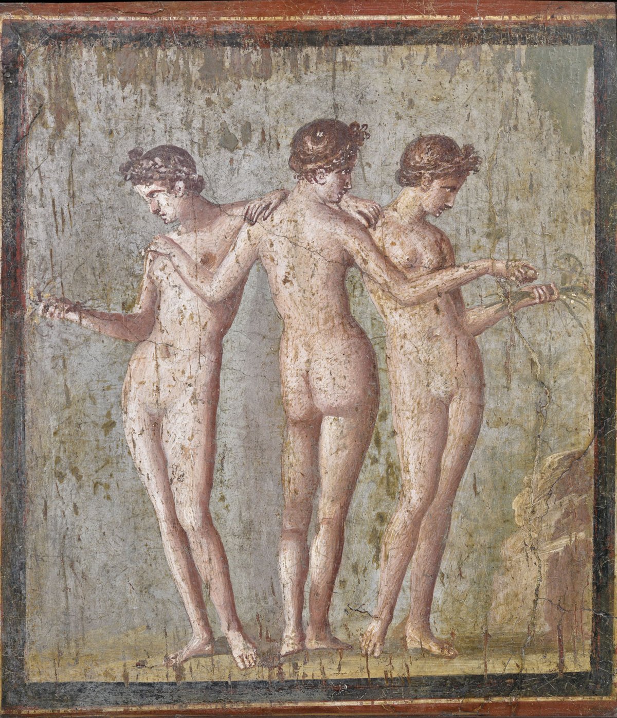 Among the Pompeian wall paintings leaving the museum vaults of Naples for a new show in Bologna is this androgynous depiction of The Three Graces, a subject that later inspired Botticelli and Raphael MANN; courtesy of the Museo Archeologico di Bologna