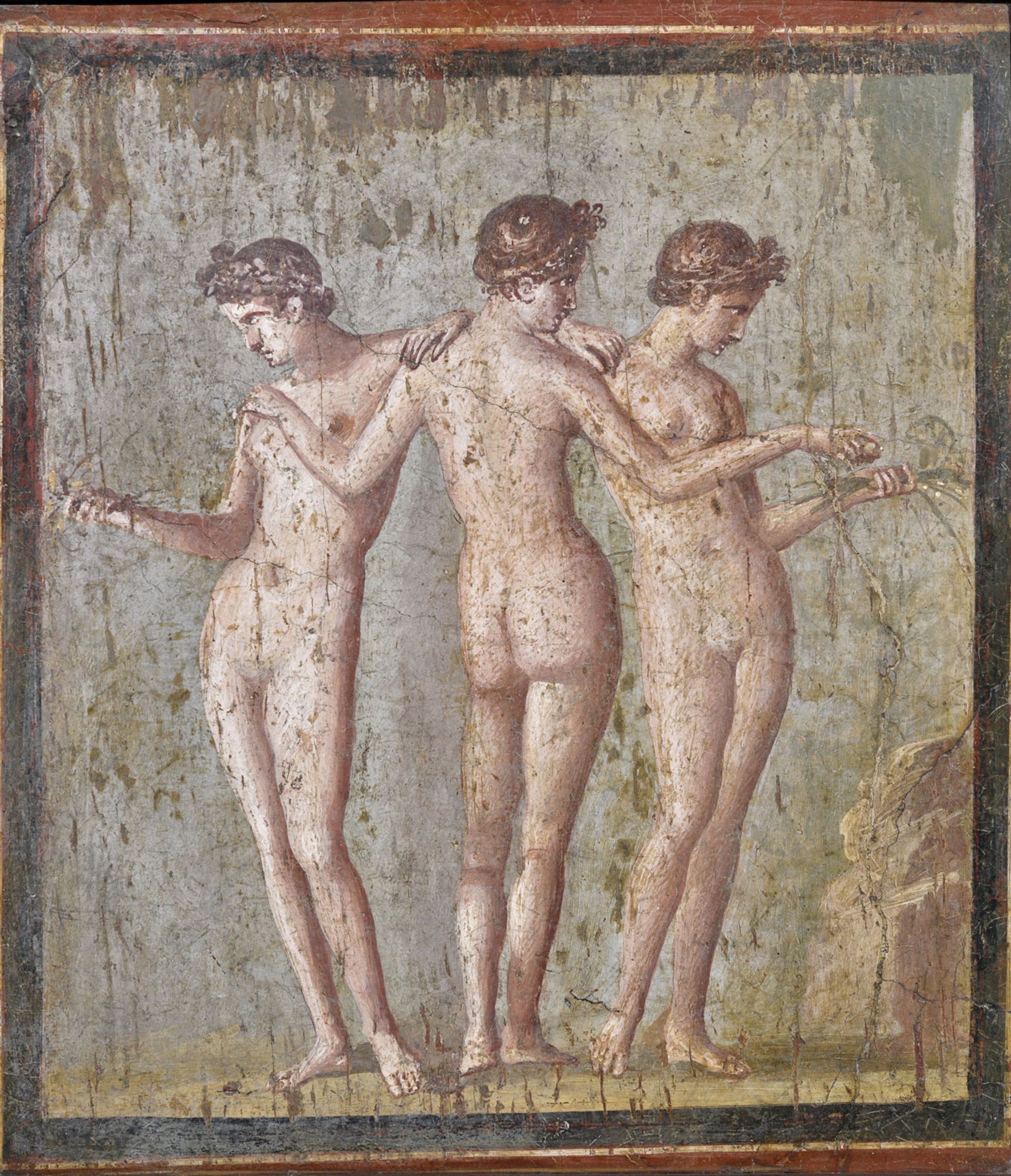 Among the Pompeian wall paintings leaving the museum vaults of Naples for a new show in Bologna is this androgynous depiction of The Three Graces, a subject that later inspired Botticelli and Raphael MANN; courtesy of the Museo Archeologico di Bologna



