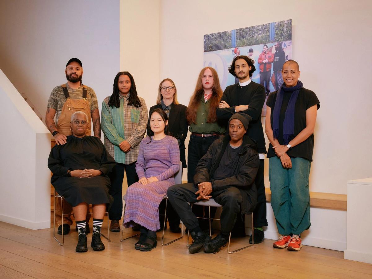 The winners of this year's awards. Back row, left to right: Marcus Macdonald on behalf of Black Obsidian Sound System (B.O.S.S.), Nneka Cummins, Pippa Murphy, Jamie Crewe, Imran Perretta, Helen Cammock. Front row, left to right: Ain Bailey, Hyelim Kim, Edward George. Not pictured: Francesca Pidgeon (Dilettante), Karine Polwart (part of composing duo with Pippa Murphy), eight other members of Black Obsidian Sound System