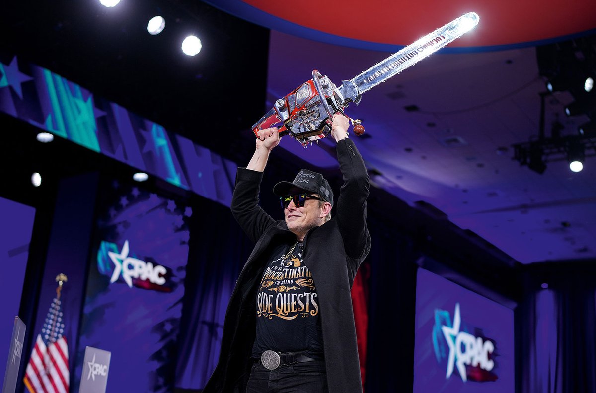 Saw point: Elon Musk brandishes a chainsaw, symbolic of his role slashing US public services and spending, at the Conservative Political Action Conference (CPAC) last month
Photo: Andrew Harnik/Getty Images