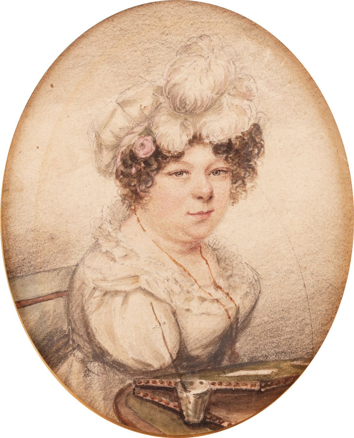 A self-portrait (around 1825) shows Sarah Biffin with her painting slope, her brush pinned to her shoulder
© National Portrait Gallery