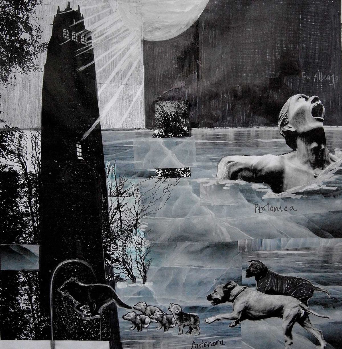 Rachel Owen, Canto XXXIII: The Traitors Frozen in Cocytus (Antenora and Ptolomea). Ugolino tells his tale of betrayal and death in “the tower now called Hunger”, while Fra Alberigo begs Dante to remove the ice freezing his face so he can let vent to his agony. From Illustrations for Dante’s Inferno (2016) © The estate of Rachel Owen