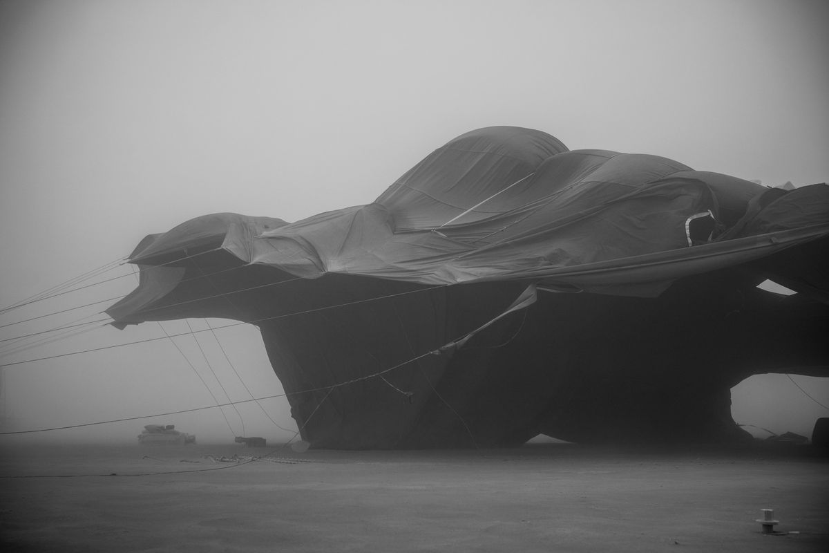 Oleksiy Sai's Black Cloud (2025) at Burning Man during a dust storm on 24 August Photo by Dnytro Pochkun