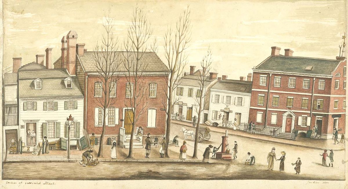 Anne Marguérite Joséphine Henriette Rouillé de Marigny, Baroness Hyde de Neuville, Corner of Greenwich Street (1810) New York Public Library, Miriam and Ira D. Wallach Division of Art, Prints and Photographs