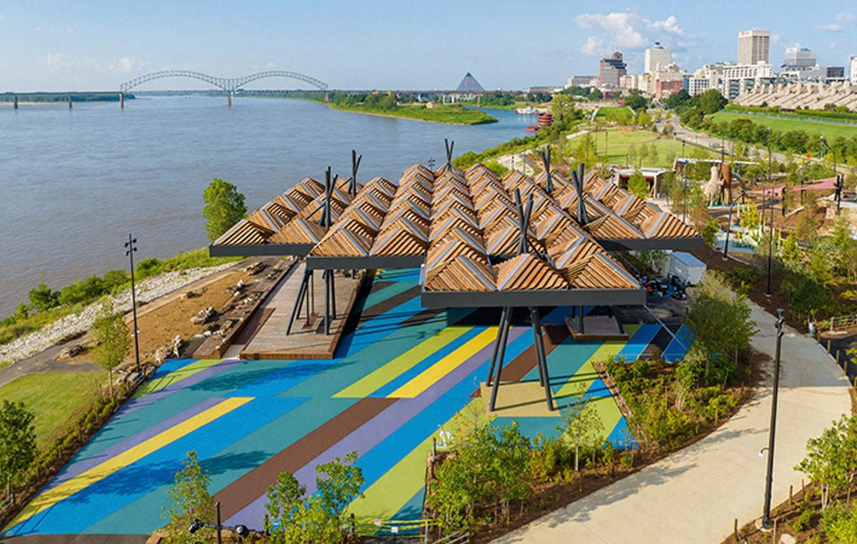 James Little scaled up his 2017 painting, Democratic Experiment, to cover 20,000 sq. ft of basketball courts in Tom Lee Park © Connor Ryan
