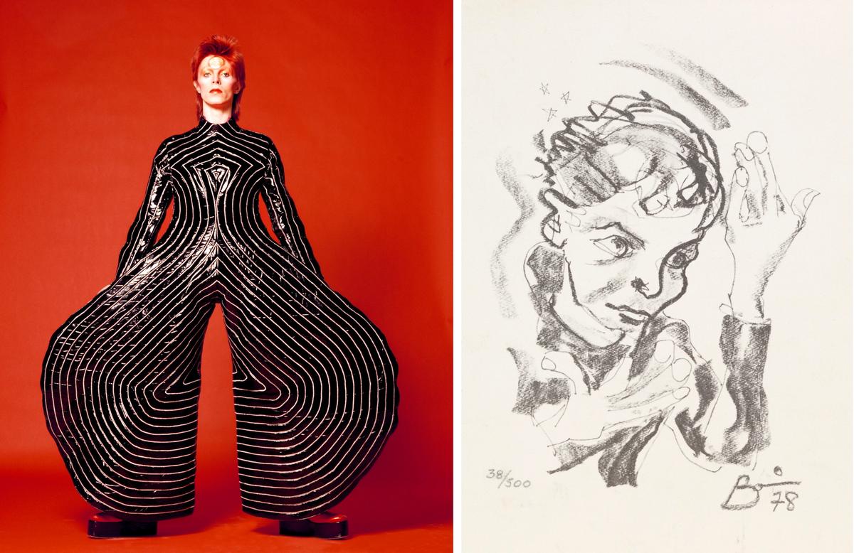Left: David Bowie in a striped bodysuit designed by Kansai Yamamotofor the Aladdin Sane tour (1973). Right: David Bowie's self-portrait in a pose also adopted for the album cover of Heroes (1978)  Photo: Masayoshi Sukita; © Sukita and The David Bowie Archive. Drawing: © The David Bowie Archive
