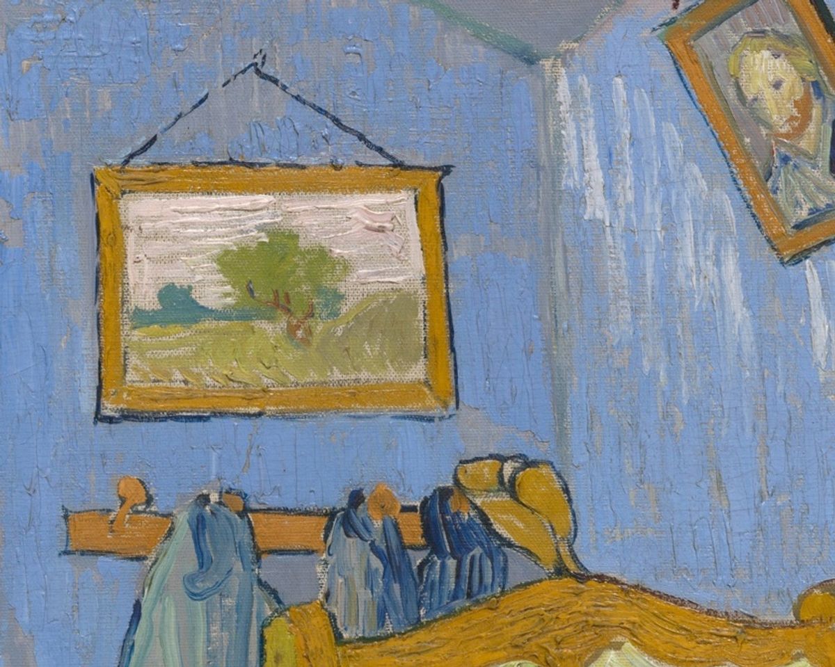 Van Gogh’s The Bedroom (September 1889), a detail with the hanging landscape showing how he liked to show his art

Art Institute of Chicago (Helen Birch Bartlett Memorial Collection, 1926.417)
