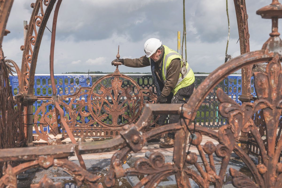 Restoring Flaxmill Maltings’ crowning glory, the cast-iron coronet installed in 1897 © Historic England Archive