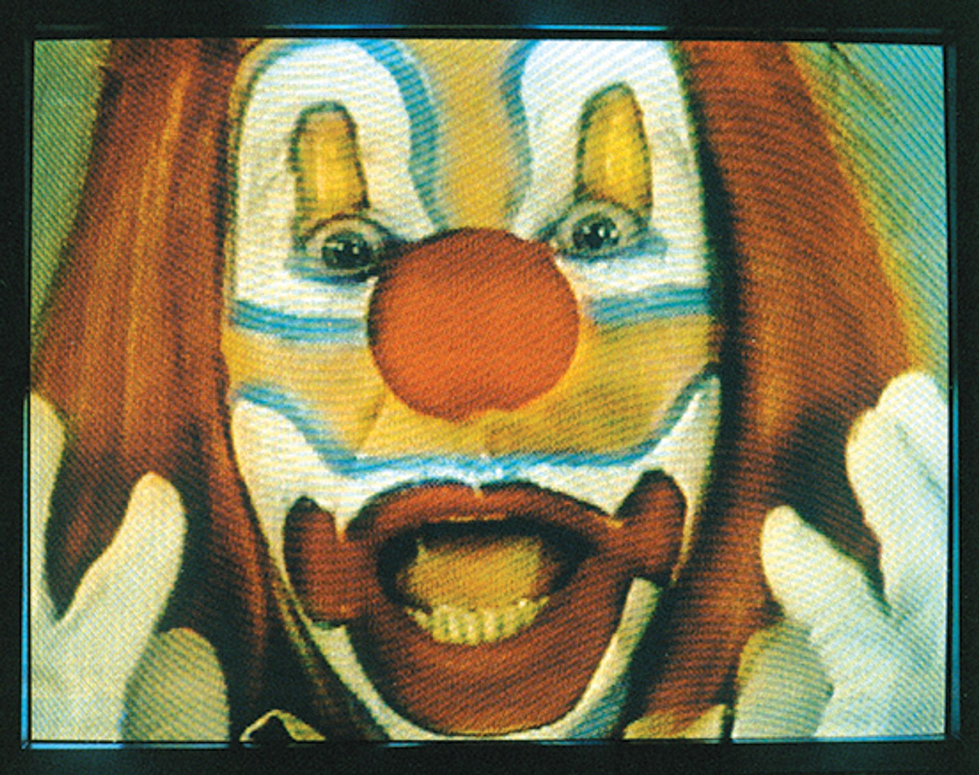 Bruce Nauman's Clown Torture (1987).  A four-channel video with sound (two projections, four monitors); approximately one-hour loop © Bruce Nauman / ARS, NY and DACS, London 2020, courtesy Sperone Westwater, New York