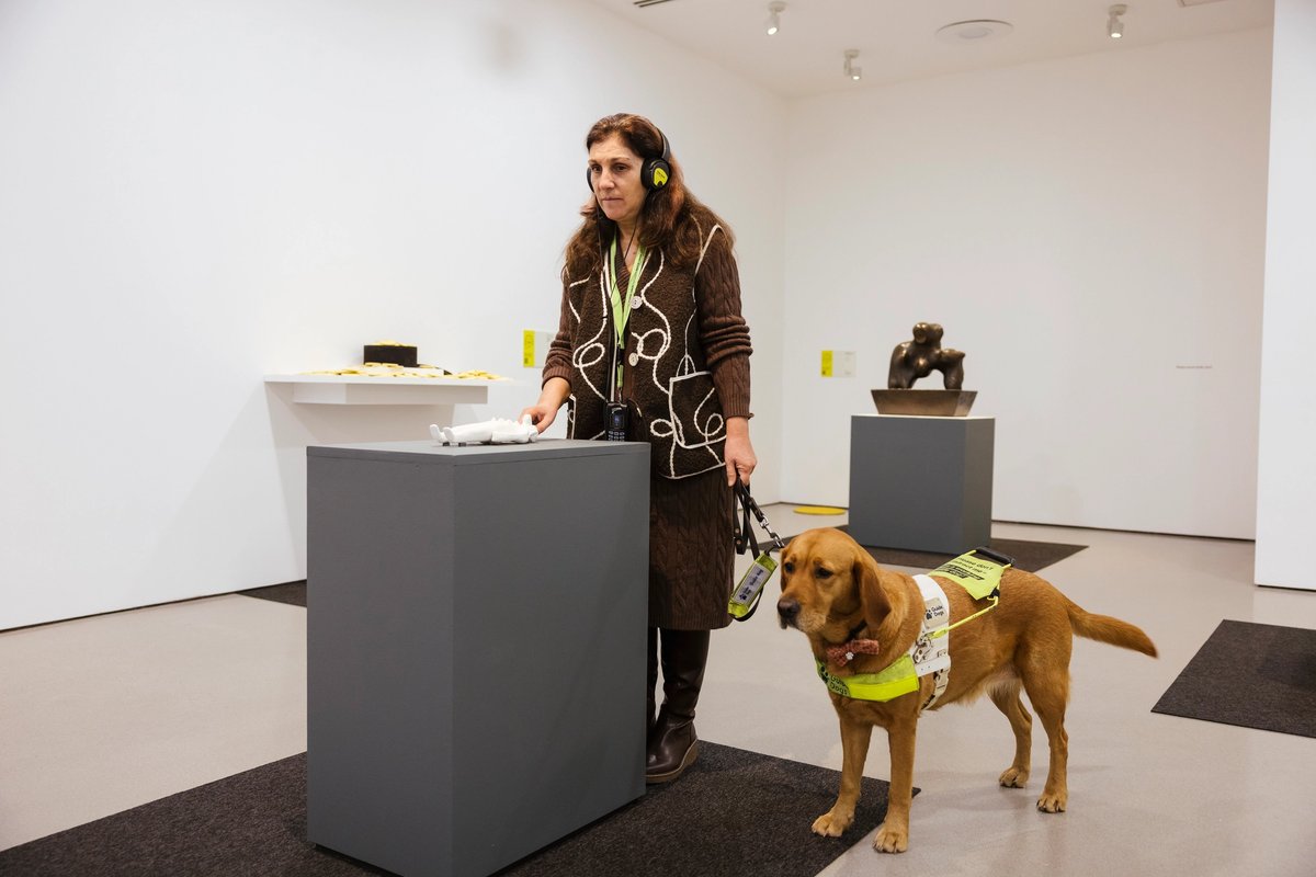 The exhibition’s layout includes textured flooring mats to signal when works are in reach, and all the objects are there to be handled
Joanne Crawford