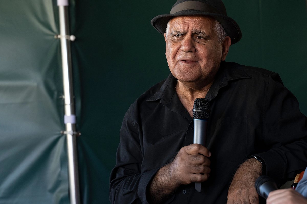 Richard Bell during a talk in his Embassy installation Photo: Nils Klinger