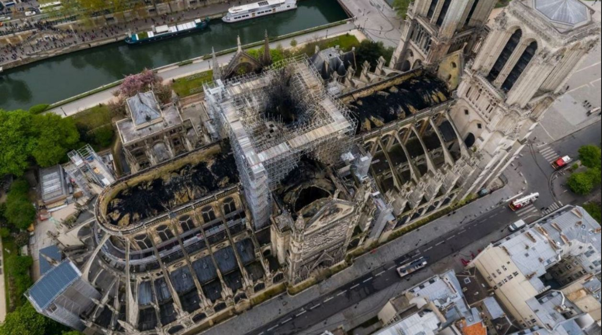 An aerial photo of the damaged vaults of Notre Dame Cathedral 