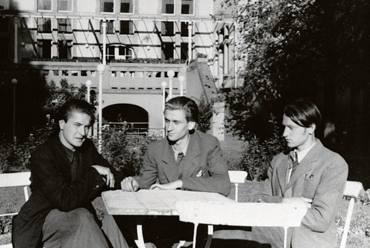 The artist Jonas Mekas (far right) in Wiesbaden, in 1945, with his brother, Adolfas, and friend Algirdas Landsbergis. Jonas Mekas