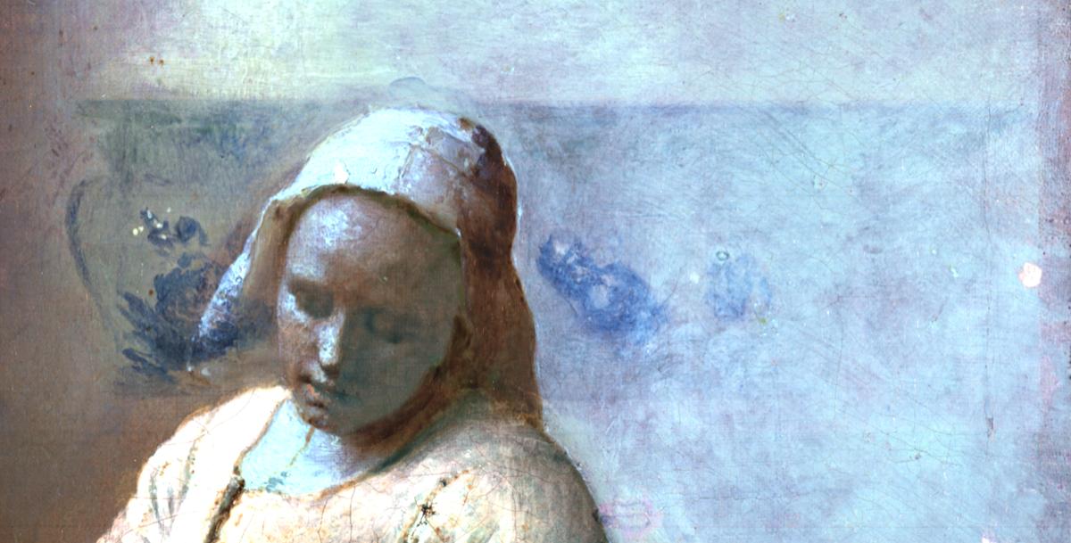 Detail of an infrared reflectance image of Vermeer's The Milkmaid showing jugs hanging off hooks. They were later painted over. Credit: Rijksmuseum, Amsterdam