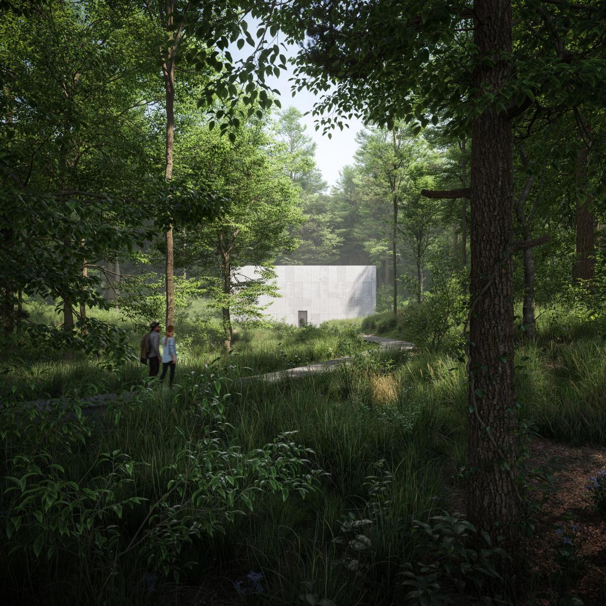 A rendering of the forest approach to the new building at Glenstone Museum Image: The Boundary. Courtesy of Glenstone Museum