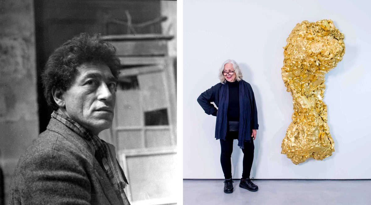 (Left) Alberto Giacometti in the studio (before June 1951). (Right)
Artist Lynda Benglis with Ghost Dance/Pedmarks
Giacometti: Photo: Michel Sima. Archives Fondation Giacometti. © Succession Alberto Giacometti / Adagp, Paris 2024; Benglis: © Jonathan Pow