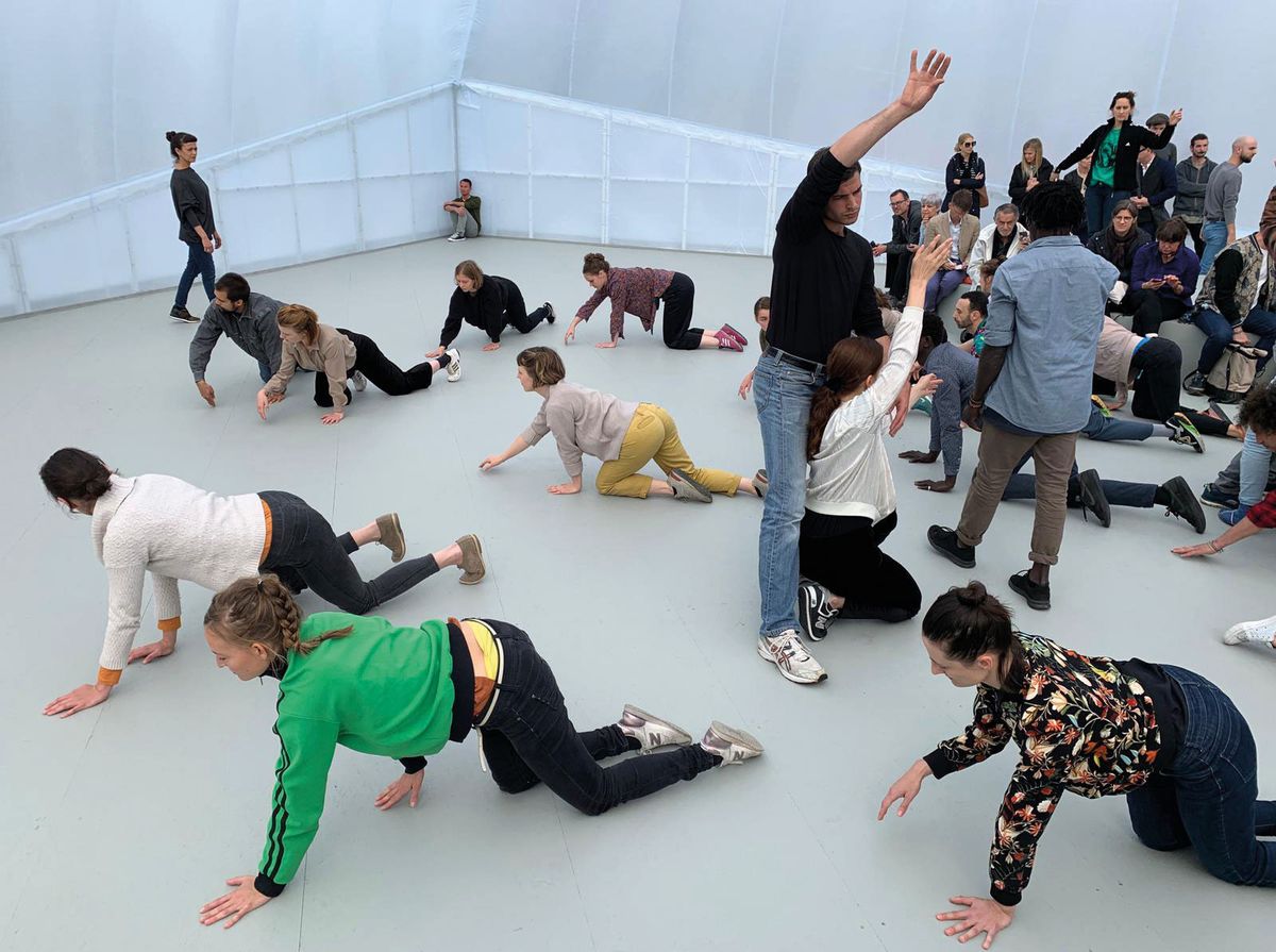 Alexandra Pirici's Aggregate being performed on the Messeplatz in front of Art Basel Photo: Joséphine Heard