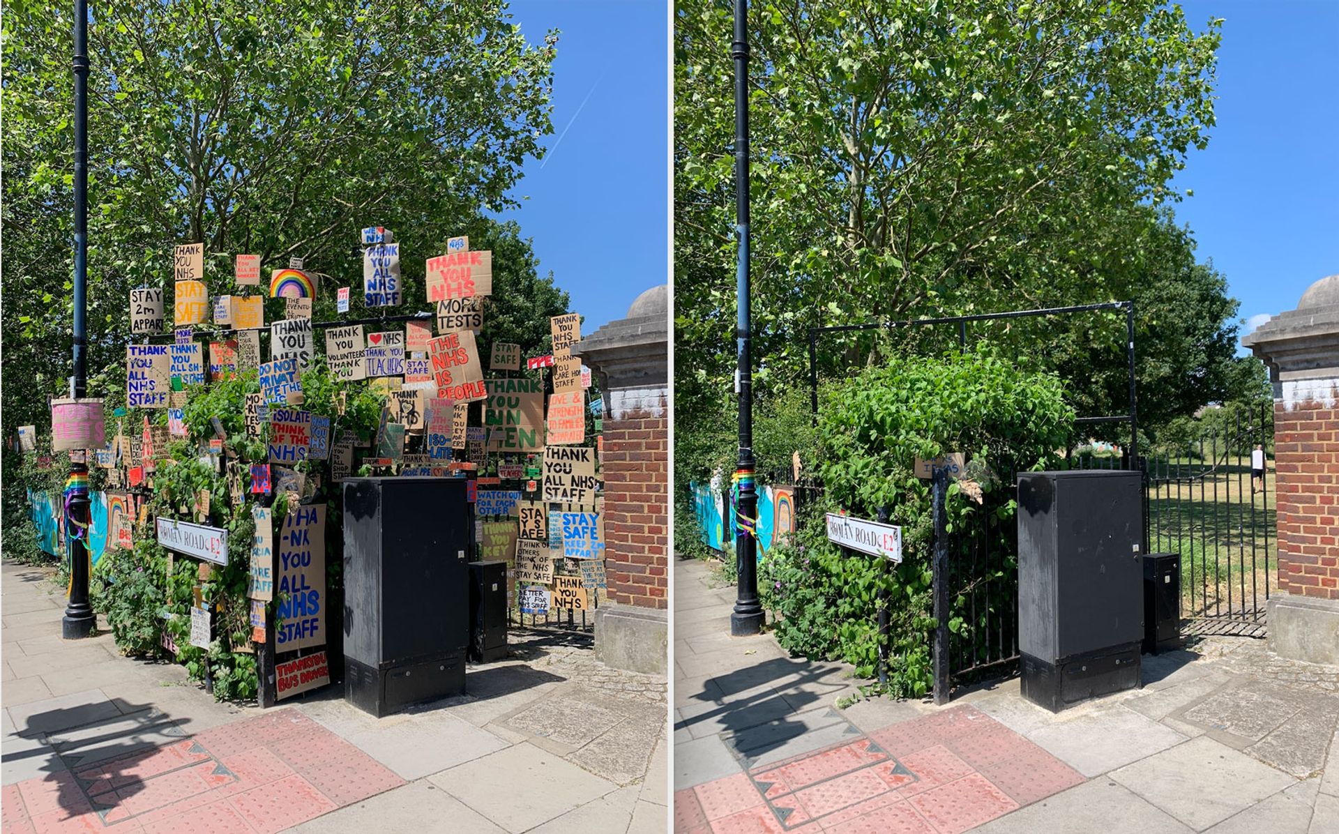 Before and after photograph of the site of Peter Liversidge's hand-painted signs at Wennington Green in East London © Peter Liversidge