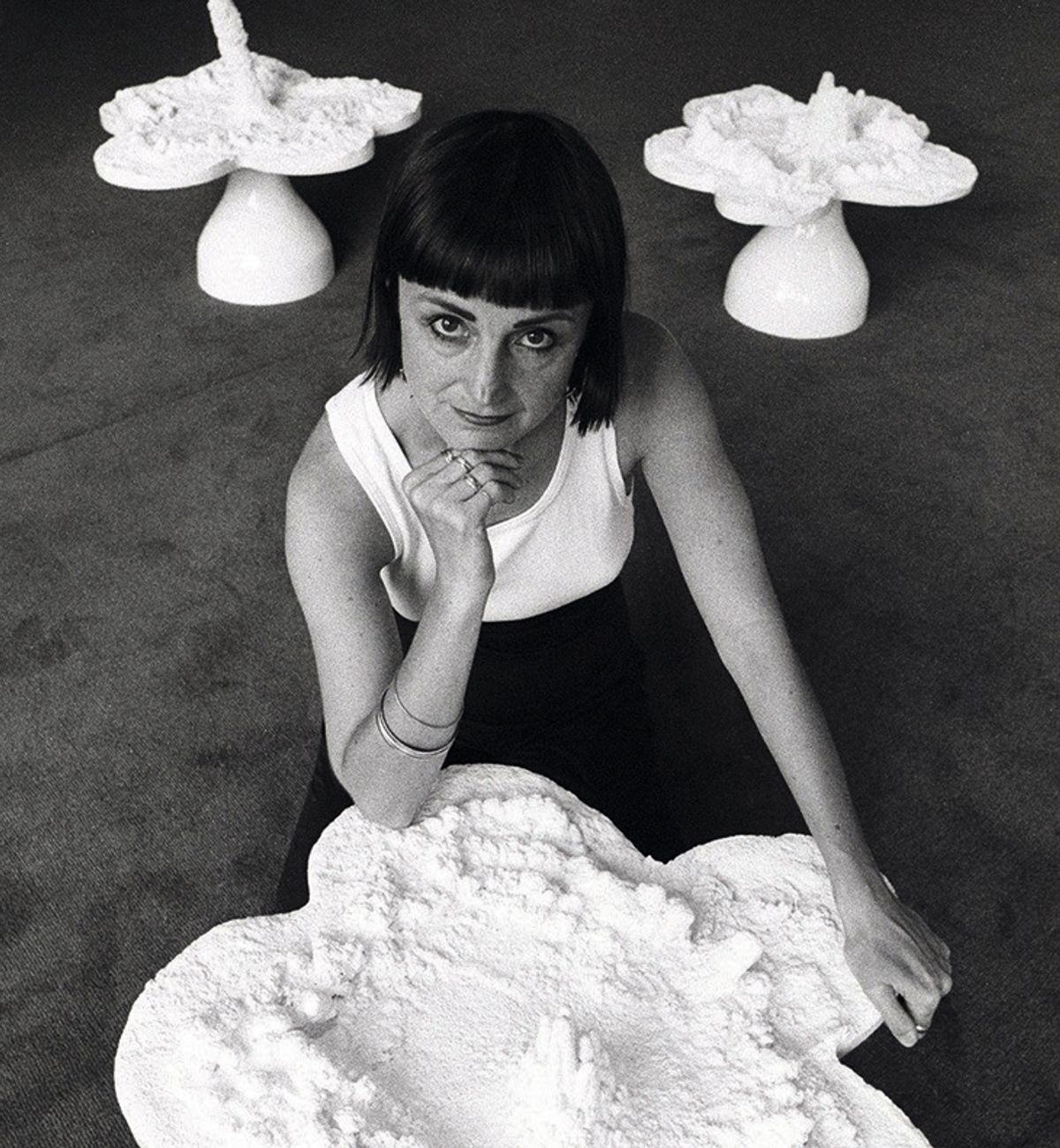 Helen Chadwick with her work Piss Flowers (1991-92) 
© Kippa Mathews