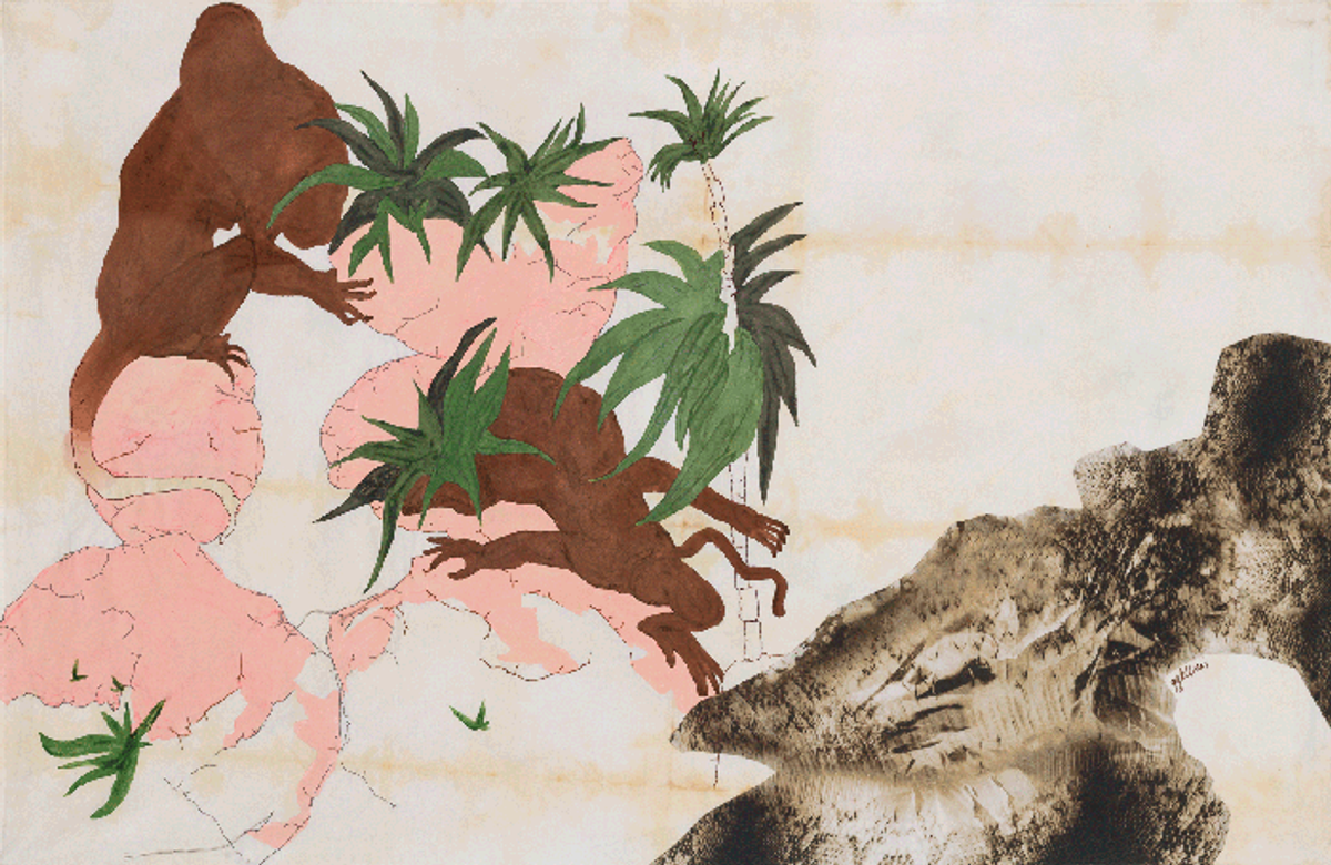 Gözde Ilki's Kingdom (2016), which is made with stitching and painting on fabric dyed with plant extract Gypsum Gallery