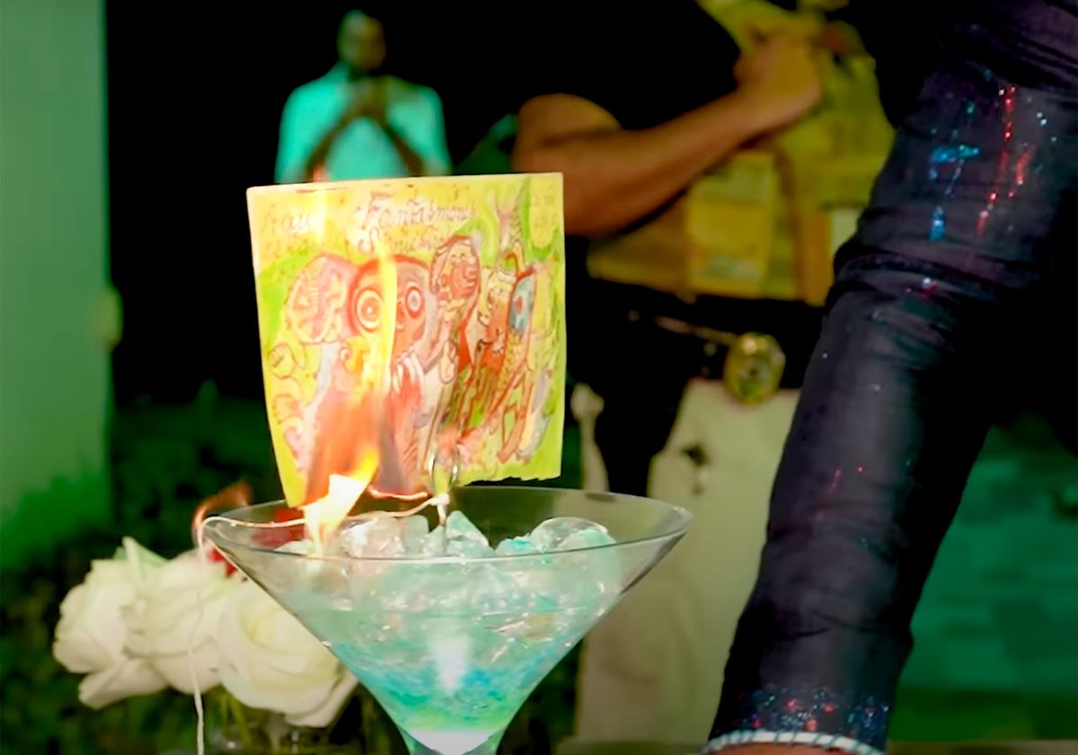 A purportedly authentic Frida Kahlo drawing, Fantasmones Siniestros (1944), burning after it was set on fire by Miami collector Martin Mobarak Screenshot via YouTube