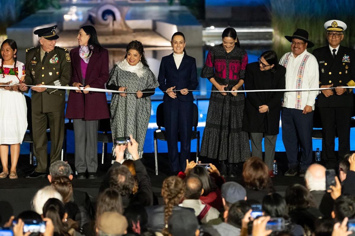 Mexican President Claudia Sheinbaum (centre, in navy blue) inaugurates the reinstalled ethnographic galleries on the upper level of the Museo Nacional de Antropología in Mexico City on 6 January Secretaría de Cultura