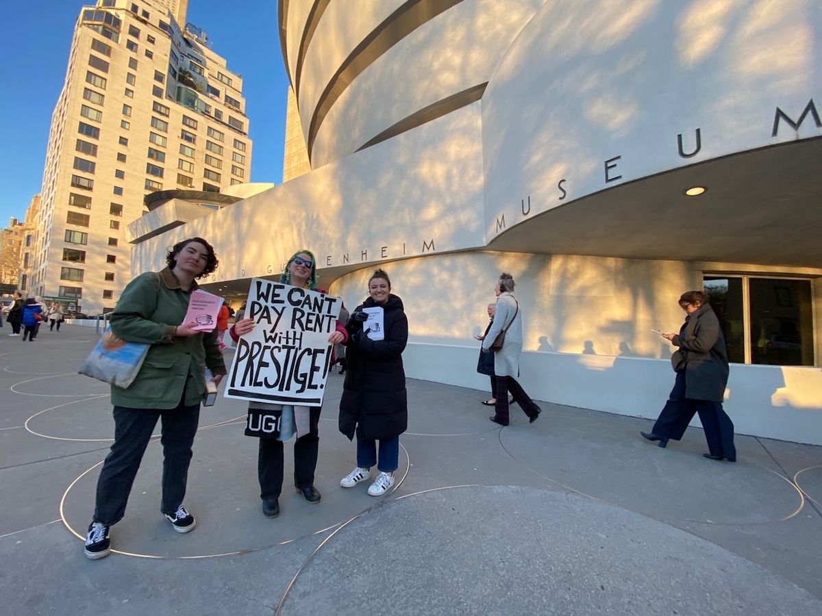 Members of the Guggenheim's UAW Local 2110 union rally outside the museum earlier this year Photo courtesy Rosemary Taylor/United Auto Workers