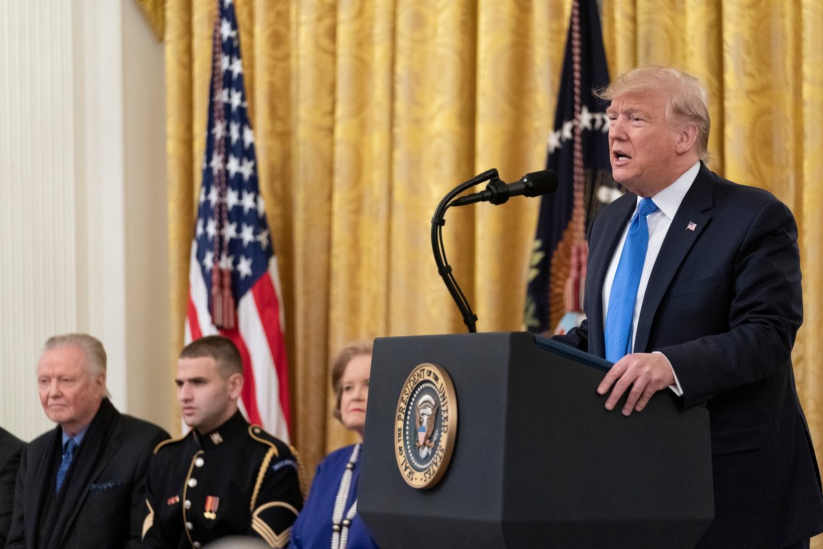 US president Donald Trump during a 2019 ceremony celebrating recipients of the National Medal of Arts and National Humanities Medal Official White House photo by Tia Dufour, via Flickr