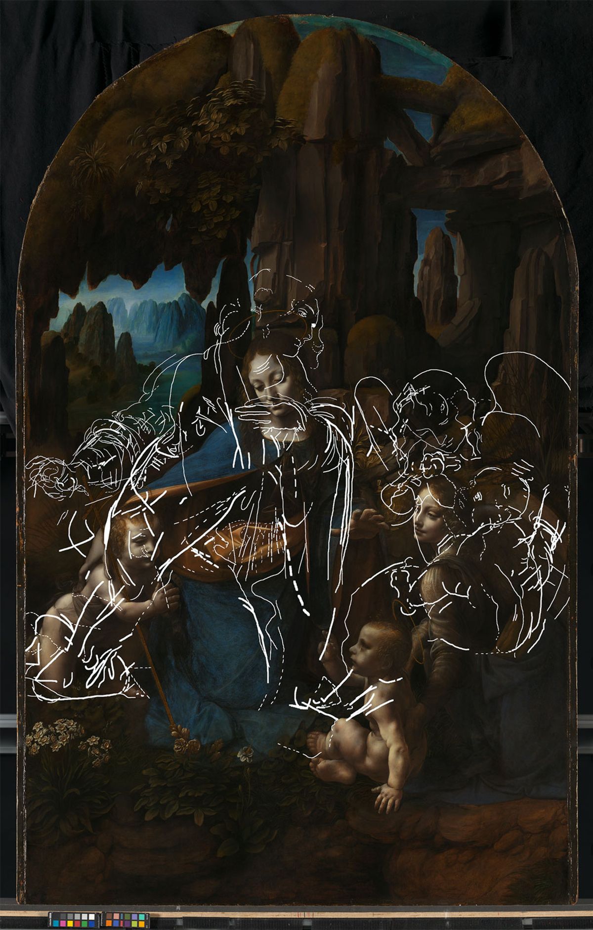 The Virgin of the Rocks with white lines indicating the underdrawing for the first composition © The National Gallery, London