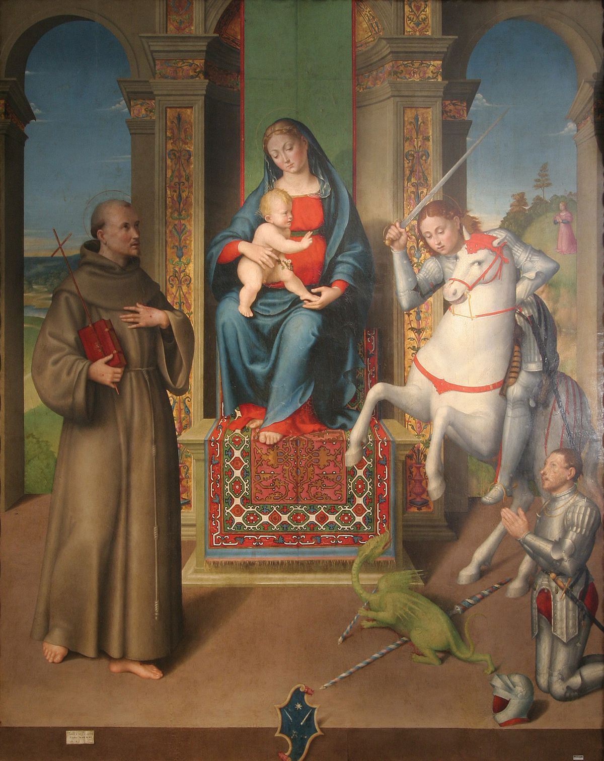 The figures in Luca Longhi’s Virgin and Child with Saints Francis and George (1532) are icon-like… Museo Storico Archeologico; Santarcangelo di Romagna