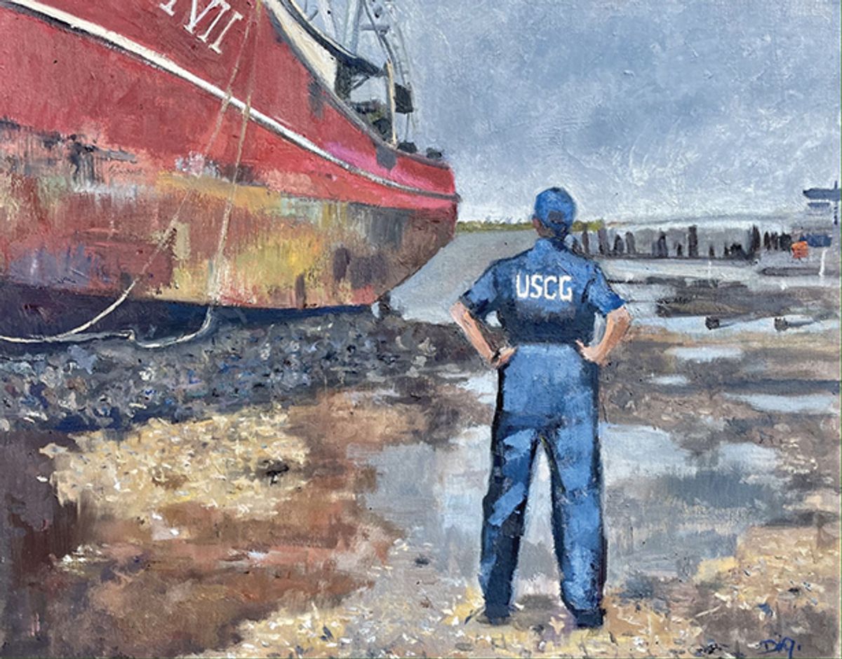 Amy DiGi’s painting Safety Hazard (2022) and another depicting the coast guard intervention after Hurricane Ida hit the US East Coast featured in a recent exhibition in New York of works from the coast guard collection Courtesy of the artist