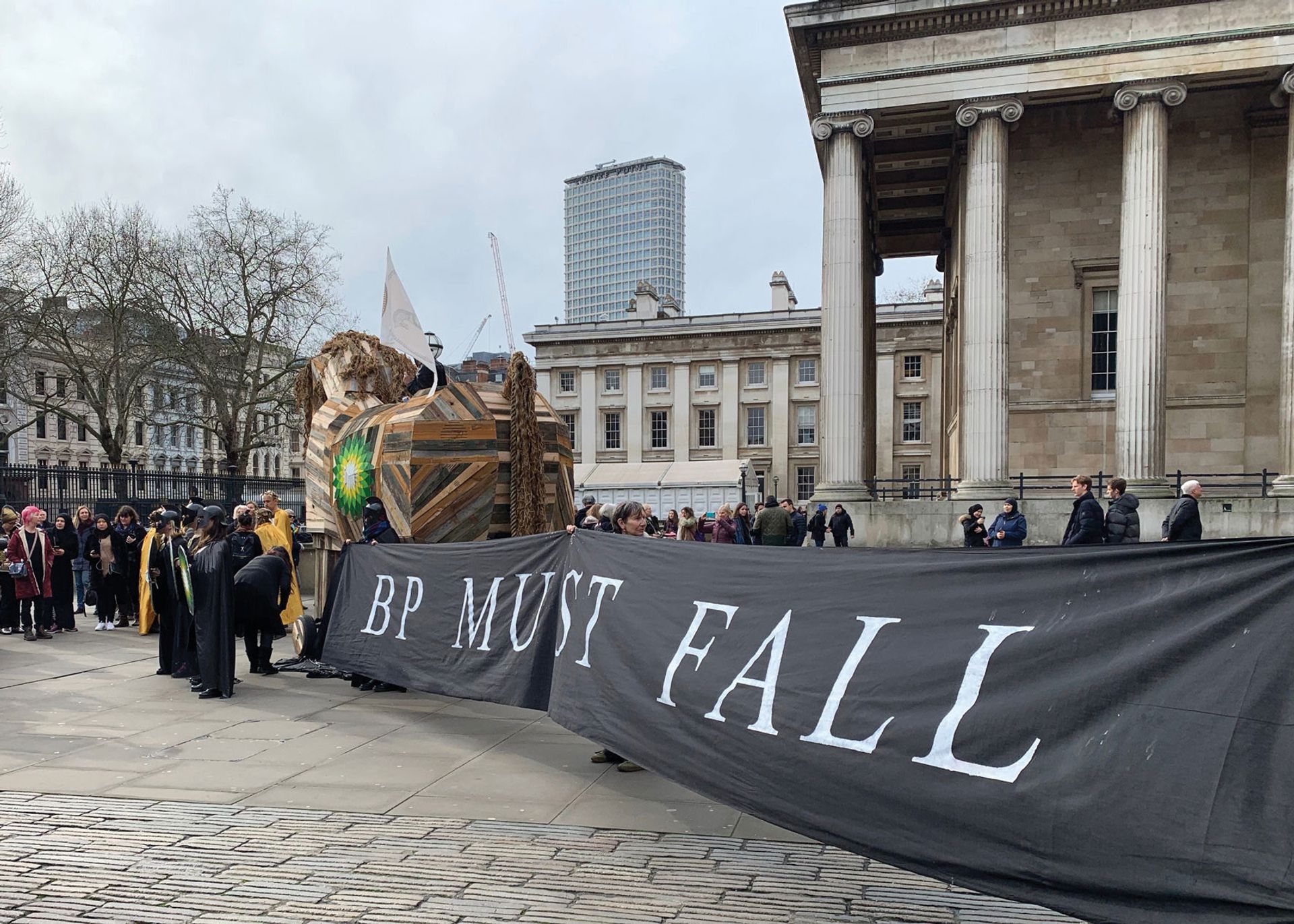 Climate activists smuggled a Trojan horse into the British Museum courtyard on Friday morning, kicking off a three-day protest against BP sponsorship Photo: Cristina Ruiz