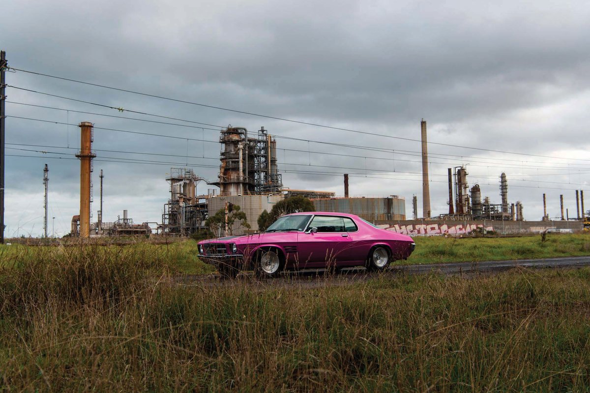 A still from Reko Rennie’s short film, Initiation OA-RR, Rennie drives a metallic pink 1973 Holden Monaro to reclaim the streets of his youth © Reko Rennie and Justin McManus