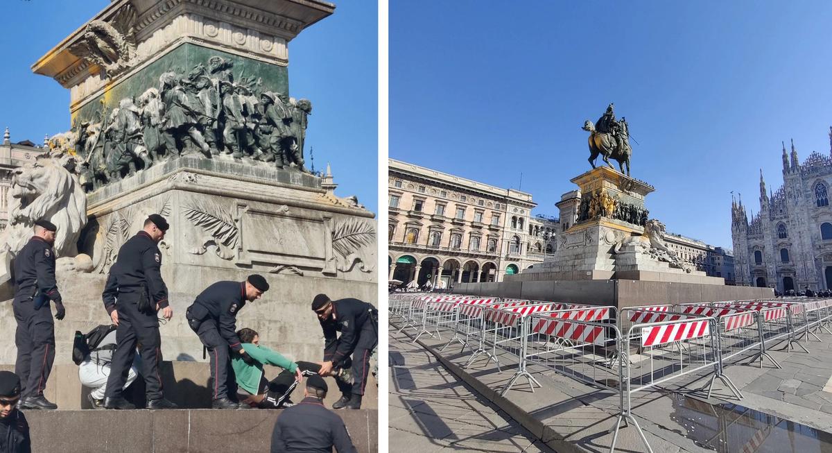 Protestors affiliated with the group Ultima Generazione were apprehended on 9 March (left) after throwing paint on a monument in Milan's Piazza del Duomo (right) Photo: courtesy of Ultima Generazione