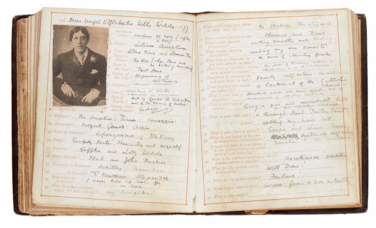 The questionnaire completed by Oscar Wilde in 1877 courtesy Sotheby's