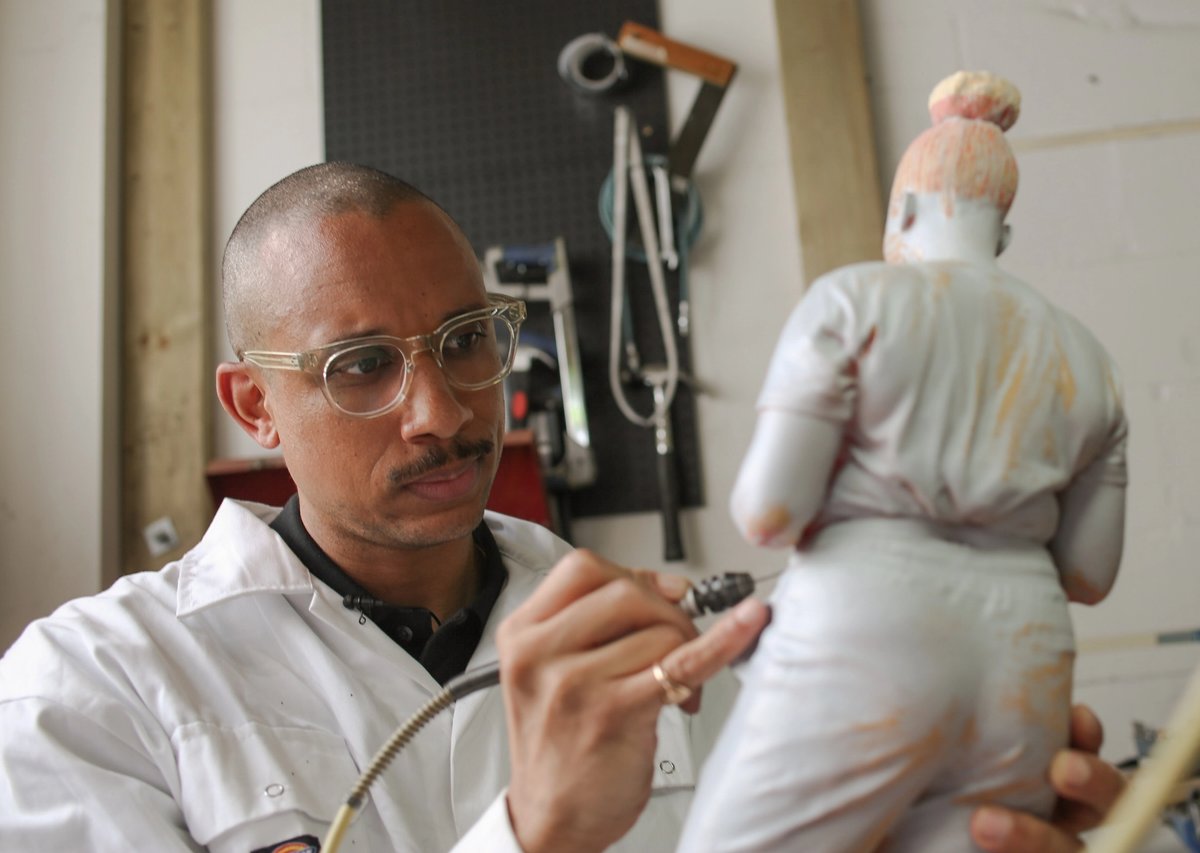 Thomas J. Price works on a model for his new sculpture for The Line Photo: Adam Kaleta