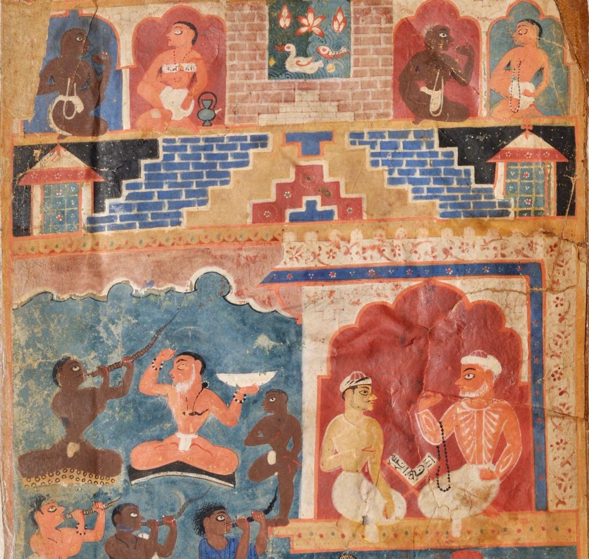 Detail showing Arabic script of Chandayan on a bookstand in the author portrait in bottom right, and a yogi shown with a mantra in kaithi script in the top left. Images of text pages available here. Reproduced with permission of the Government Museum and Art Gallery, Chandigarh, K-7-30-H.