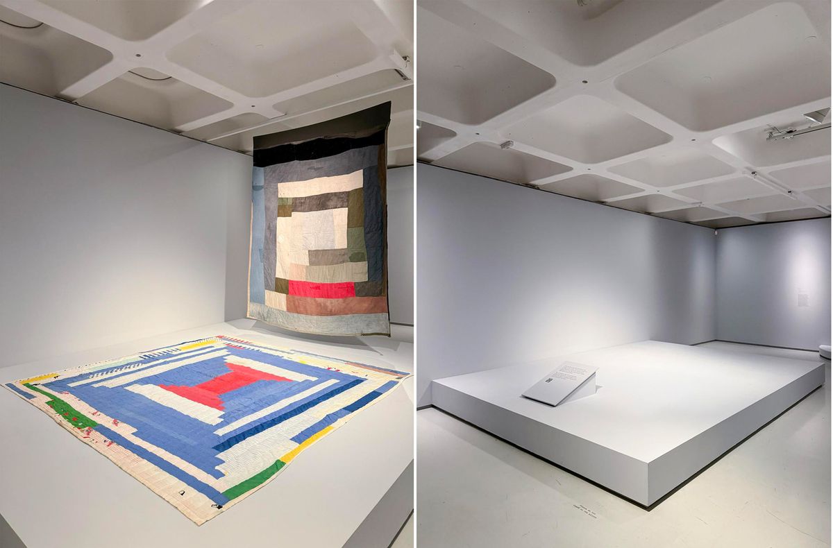 Two quilts by Loretta Pettway—Two-sided work clothes quilt: Bars and Blocks (around 1960) and 'Log Cabin'- single block 'Courthouse Steps' (local name: Bricklayer) (around 1980)—have been removed from Unravel: the Power and Politics of Textile in Art at the Barbican Art Gallery
Courtesy of Censorship at the Barbican / Lorenzo Legarda Leviste