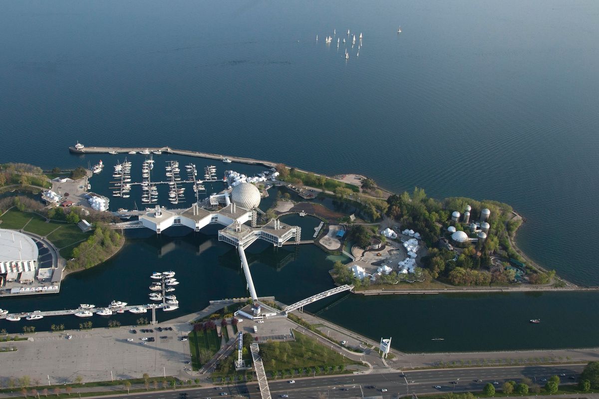 Aerial view of Ontario Place, Toronto, Canada Photo: Courtesy World Monuments Fund