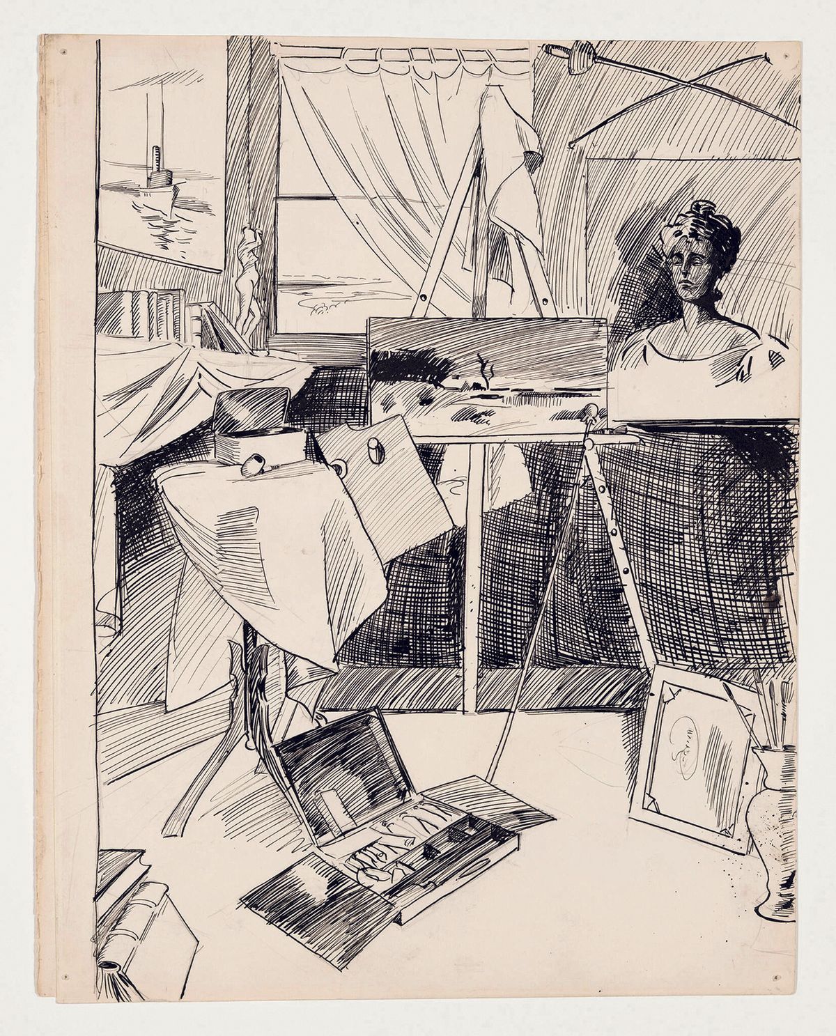 Hopper’s drawing of his studio in the attic of the family home (around 1900), with a painting on the easel. The painting and easel, together with the attic’s contents, came to be owned by the reverend Sanborn

©️ 2022 Heirs of Josephine N. Hopper/Licensed by Artists Rights Society (ARS)