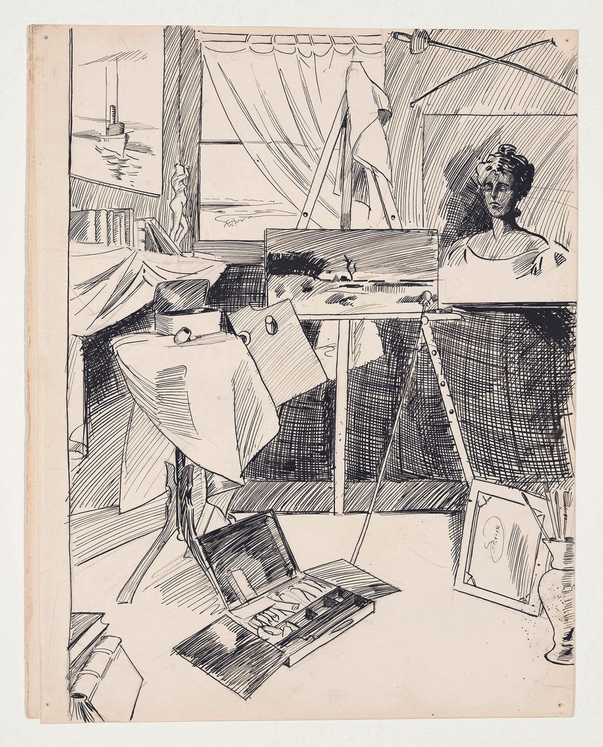Hopper’s drawing of his studio in the attic of the family home (around 1900), with a painting on the easel. The painting and easel, together with the attic’s contents, came to be owned by the reverend Sanborn

©️ 2022 Heirs of Josephine N. Hopper/Licensed by Artists Rights Society (ARS)