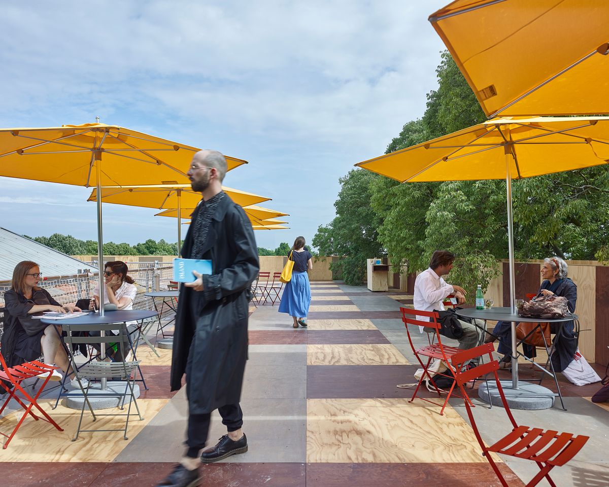 Visitors enjoying the rooftop British Pavilion Caruso St John, Taylor Philip-Heckhausen