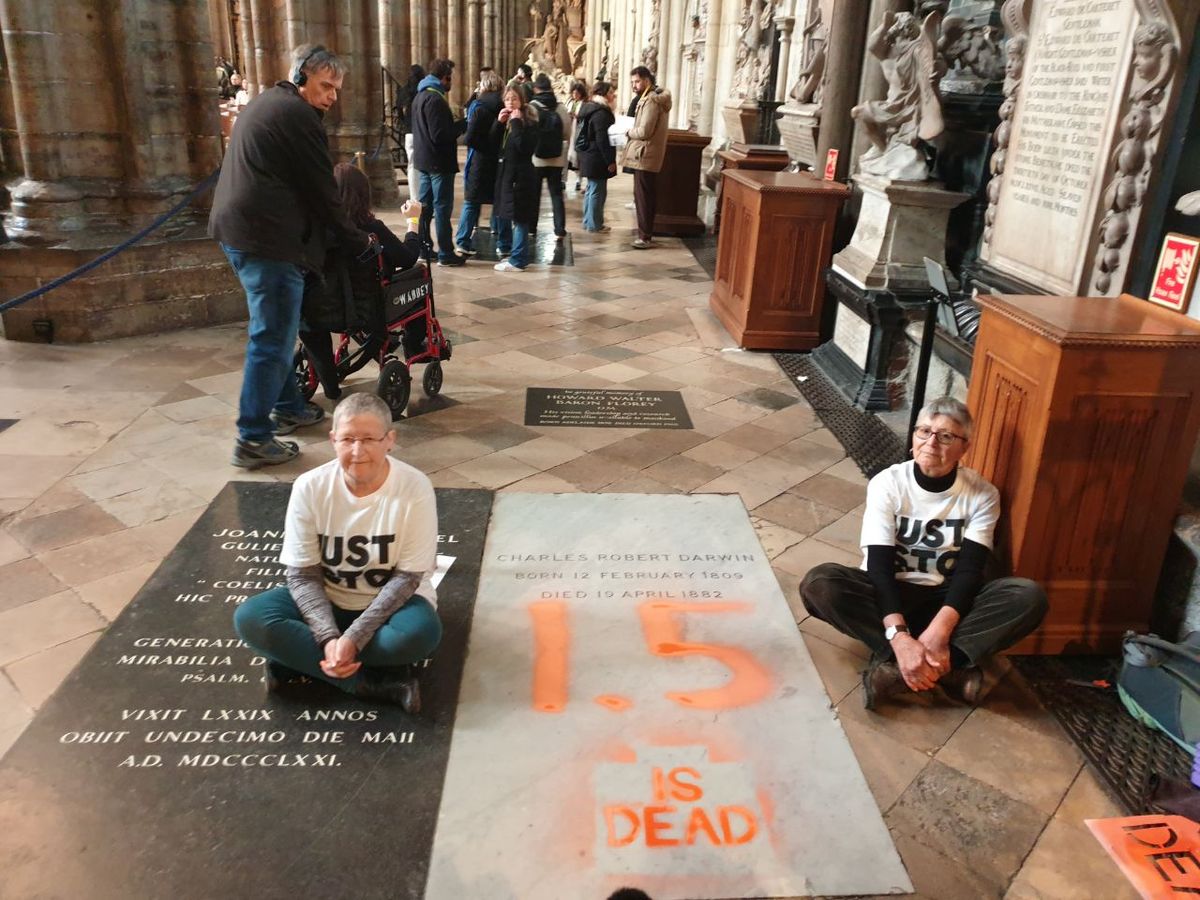 Protestors daubed the grave of Darwin with the words “1.5 is dead”, referring to attempts to limit global warming to 1.5°C

Just Stop Oil